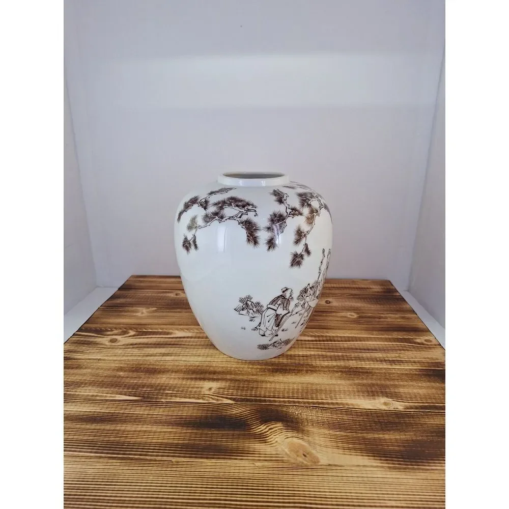 Vintage JAPAN Porcelain‎ vase with Japanese scene man reading scroll brown white
